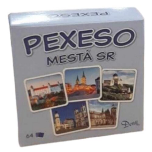 Pexeso v krabičke - mestá SR. Pexeso v krabičke - mestá SR je klasická hra pre dvoch hráčov, ktorá spočíva v hľadaní dvojíc rovnakých obrázkov skrytých na kartách. V tomto prípade sa obrázky týkajú rôznych miest a pamiatok na Slovensku. Krabička obsahuje 64 kariet, na ktorých sa nachádza 32 rôznych obrázkov. 